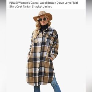 Women's Plaid Long Shacket Jacket - Brown and Black